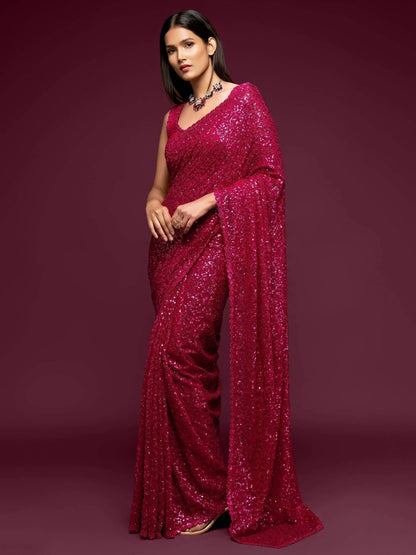 Tulsi Art Sabyasachi Pink Sequins Georgette Party Wear Saree With Blouse