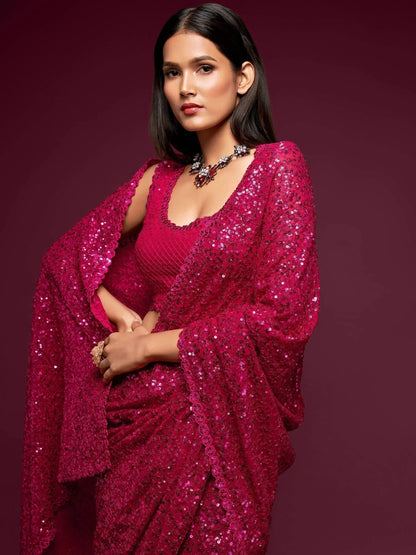 Tulsi Art Hot Pink Fully Sequined Georgette Party Wear Saree