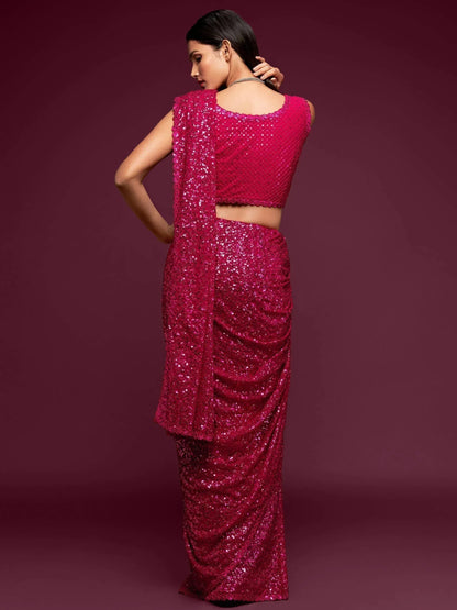 Tulsi Art Sabyasachi Pink Sequins Georgette Party Wear Saree With Blouse