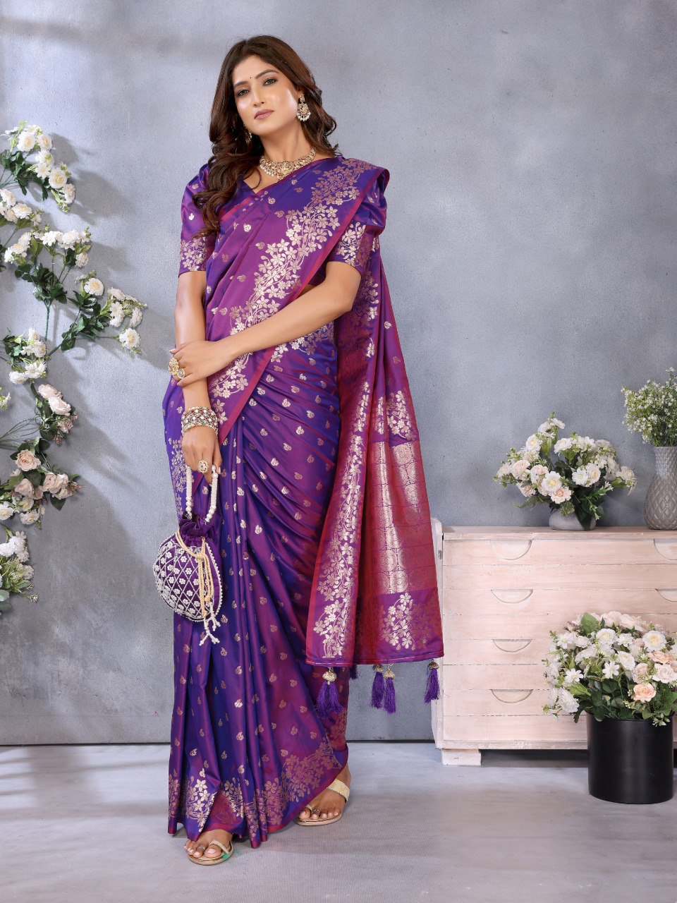 Anaita Purple Premium Banarasi Tissue Silk Saree With Gala Weaving Work