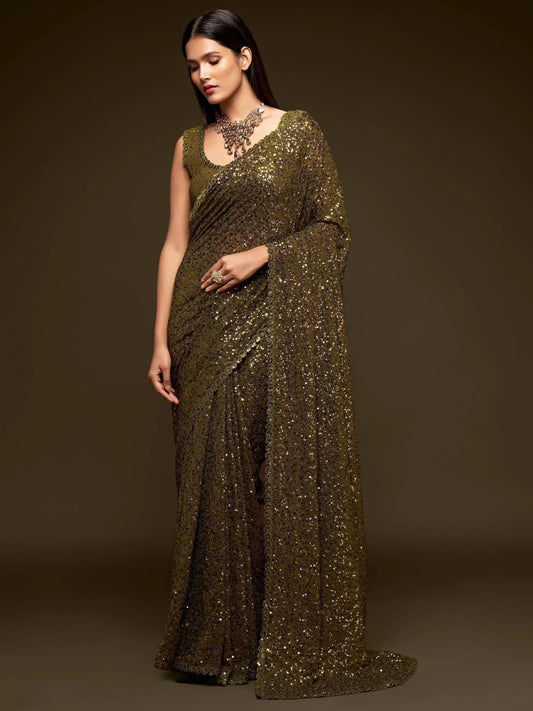 Tulsi Art Olive Green Fully Sequined Georgette Party Wear Saree