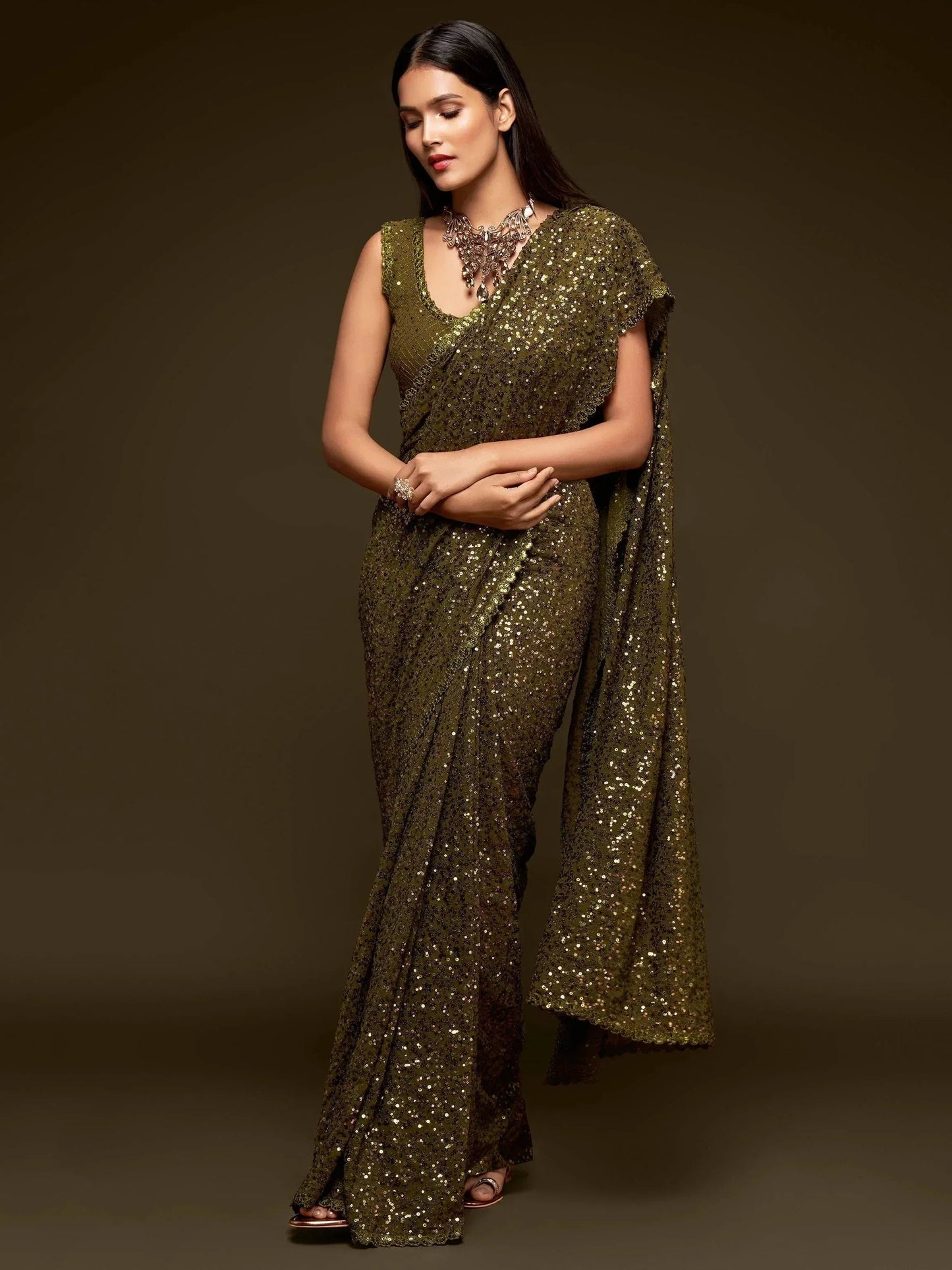 Tulsi Art Olive Green Fully Sequined Georgette Party Wear Saree