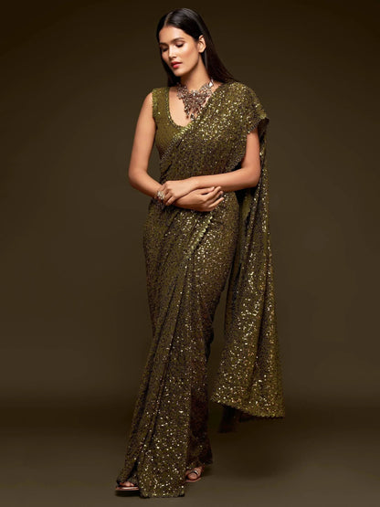 Tulsi Art Olive Green Fully Sequined Georgette Party Wear Saree