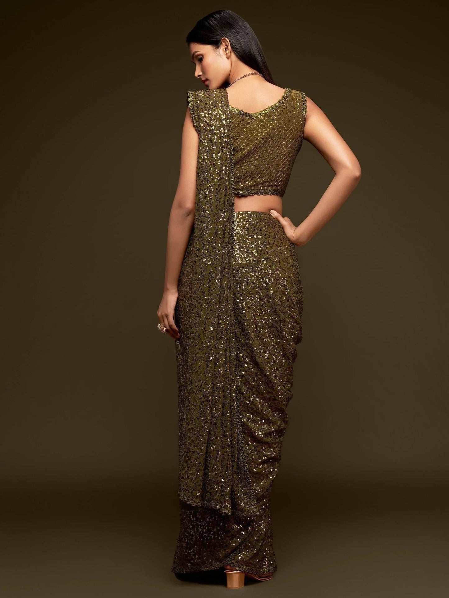 Tulsi Art Olive Green Fully Sequined Georgette Party Wear Saree