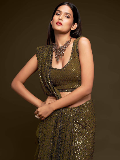 Tulsi Art Olive Green Fully Sequined Georgette Party Wear Saree