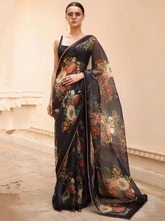 Tulsi Art Sabyasachi Black Floral Organza Party Wear Saree