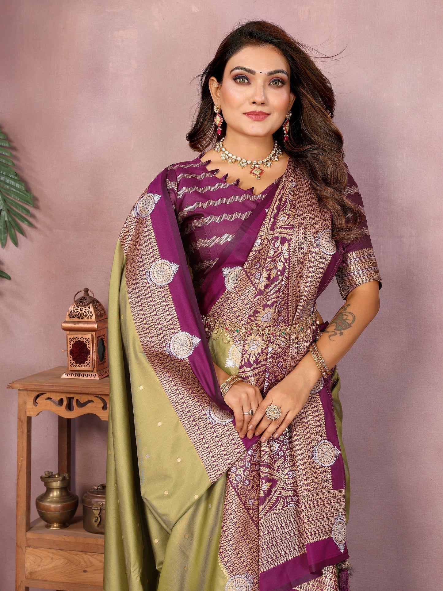 Anaita Olive Handloom Kalamkari Silk Saree With Zari Woven Work