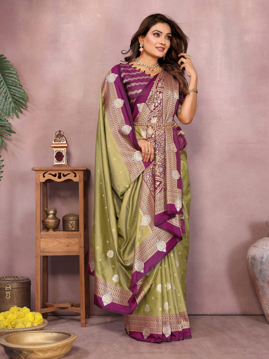 Anaita Olive Handloom Kalamkari Silk Saree With Zari Woven Work