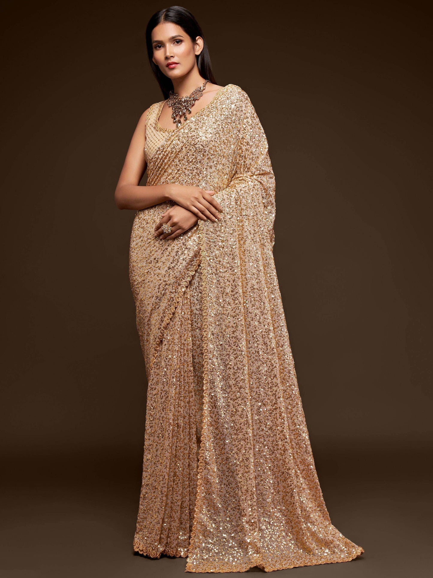 Tulsi Art Ivory Fully Sequined Georgette Party Wear Saree