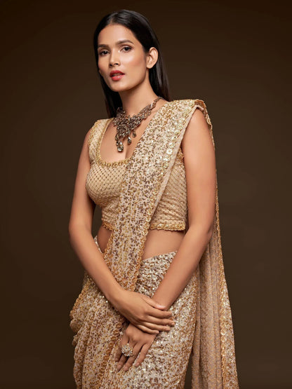 Tulsi Art Ivory Fully Sequined Georgette Party Wear Saree