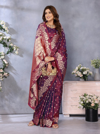 Anaita Maroon Premium Banarasi Tissue Silk Saree With Gala Weaving Work