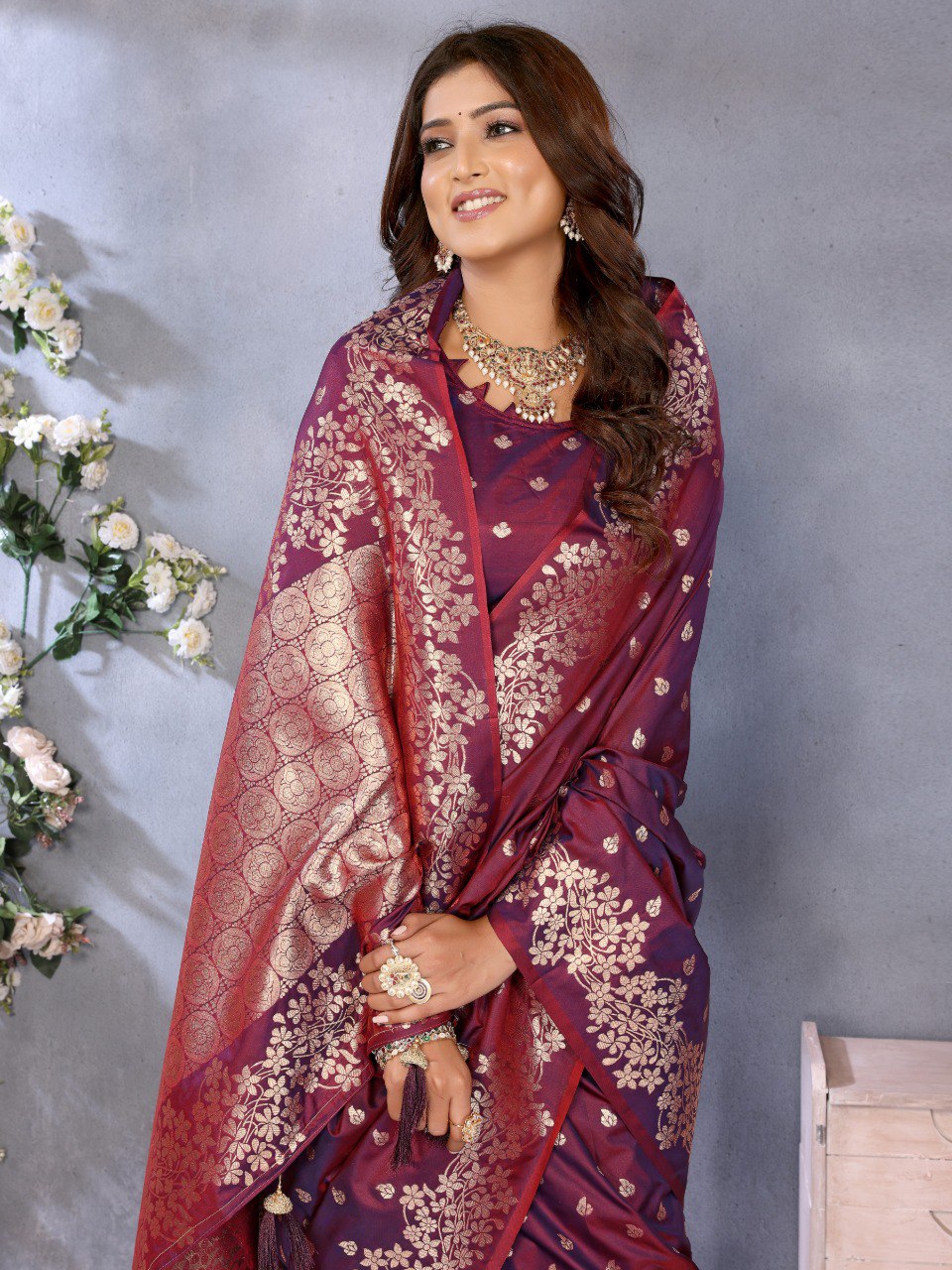 Anaita Maroon Premium Banarasi Tissue Silk Saree With Gala Weaving Work
