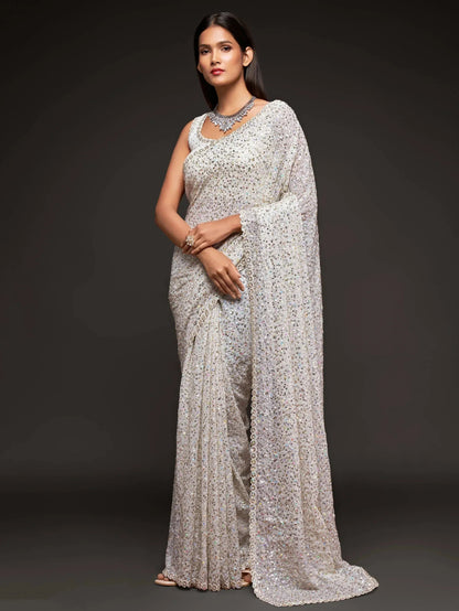 Tulsi Art Pearl White Fully Sequined Georgette Party Wear Saree