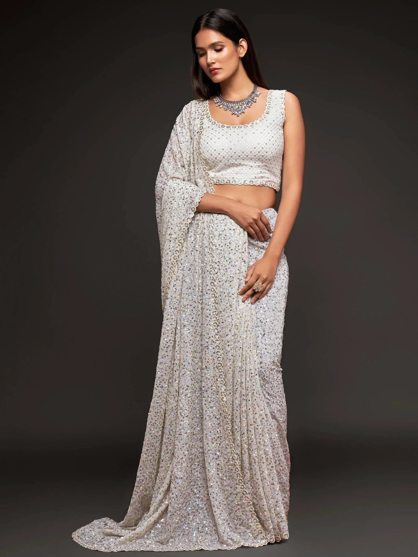 Tulsi Art Pearl White Fully Sequined Georgette Party Wear Saree