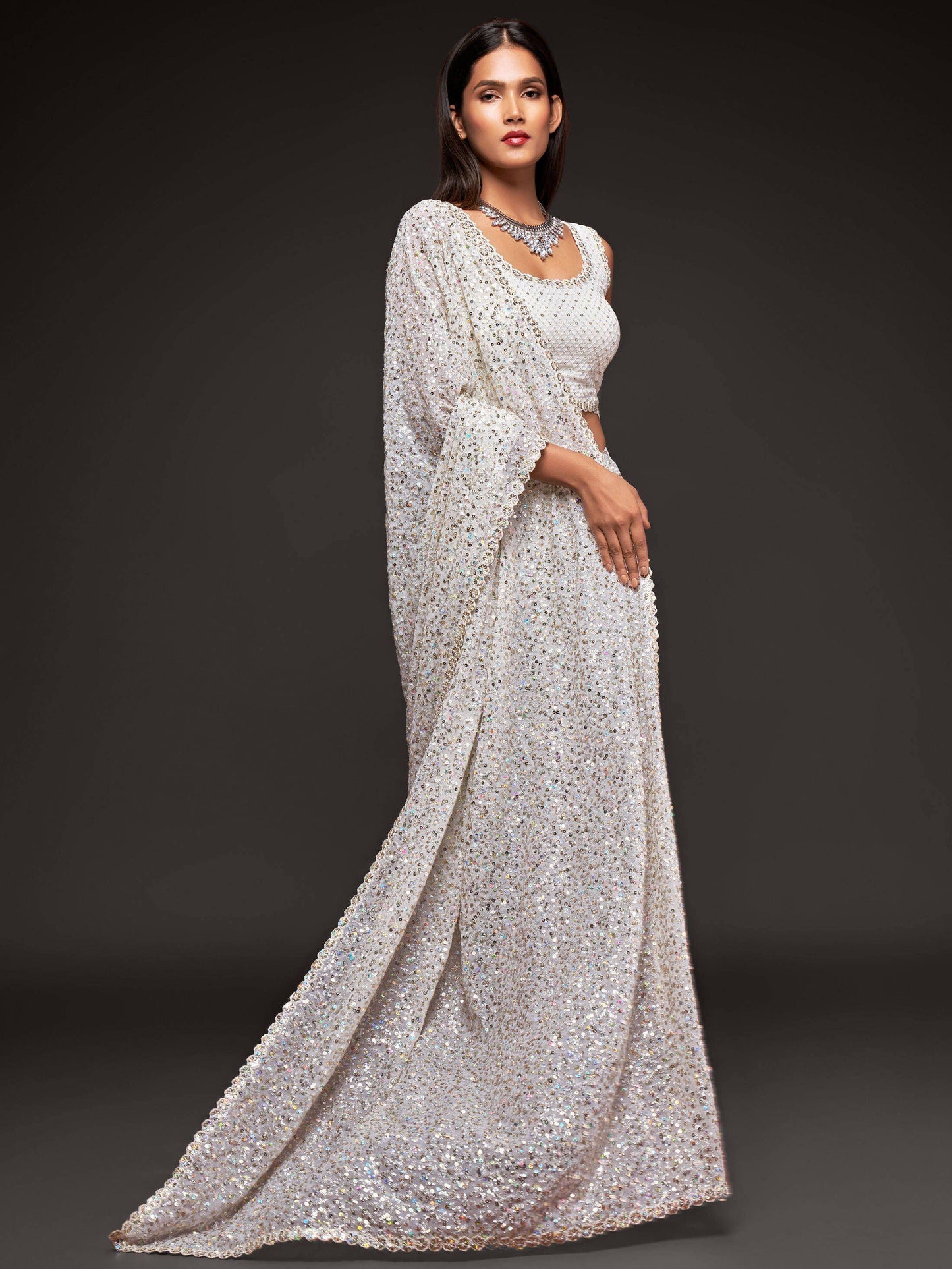 Tulsi Art Pearl White Fully Sequined Georgette Party Wear Saree
