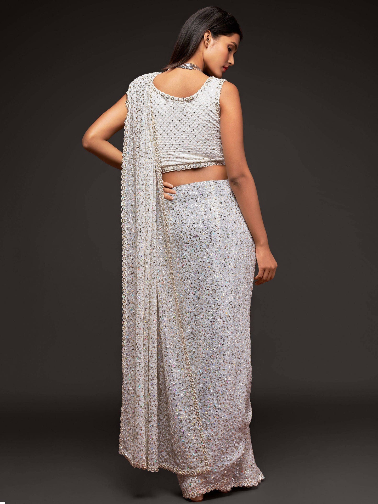 Tulsi Art Pearl White Fully Sequined Georgette Party Wear Saree