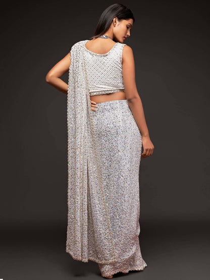 Tulsi Art Pearl White Fully Sequined Georgette Party Wear Saree