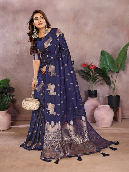 Anaita Dark Navy Blue Premium Banarasi Tissue Silk Saree With Gala Weaving Work
