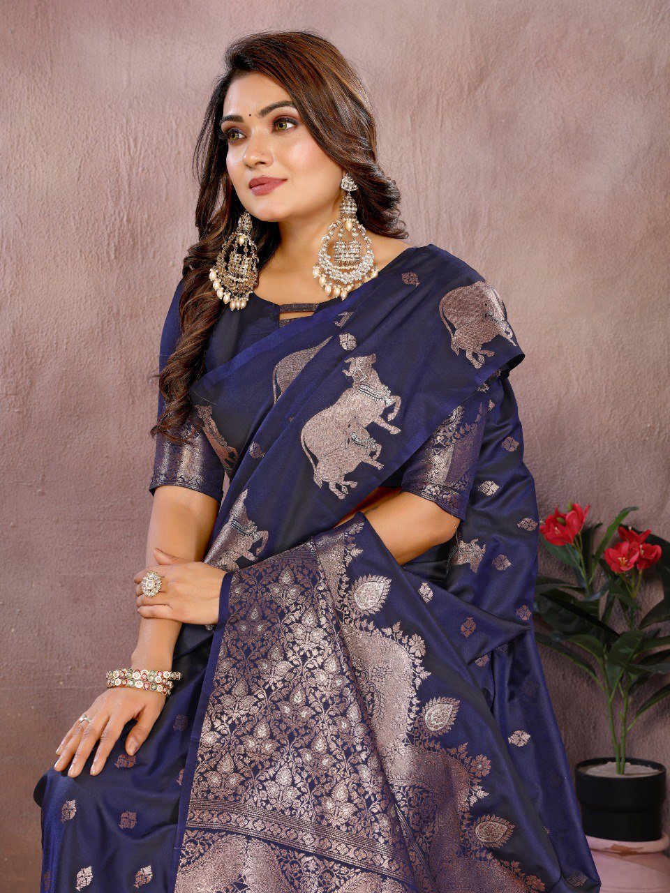 Anaita Dark Navy Blue Premium Banarasi Tissue Silk Saree With Gala Weaving Work