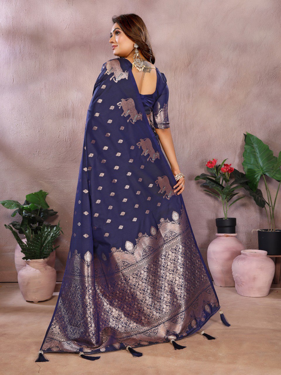 Anaita Dark Navy Blue Premium Banarasi Tissue Silk Saree With Gala Weaving Work