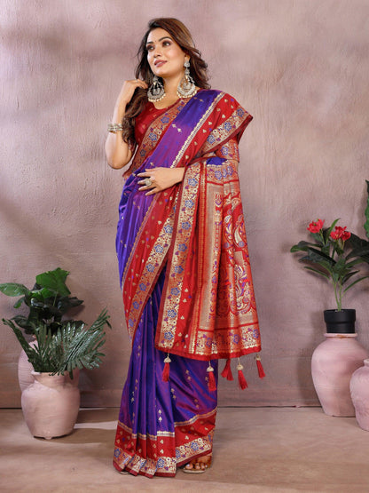 Anaita Violet Handloom Kalamkari Silk Saree With Zari Woven Work