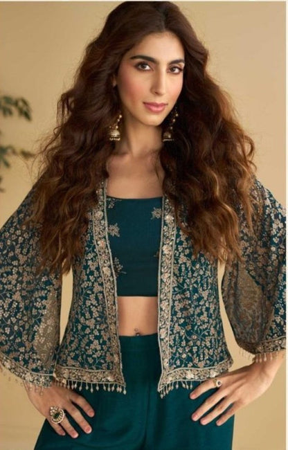 Anaita Teal-Green Silk Stitched Suit With Embroidery Work