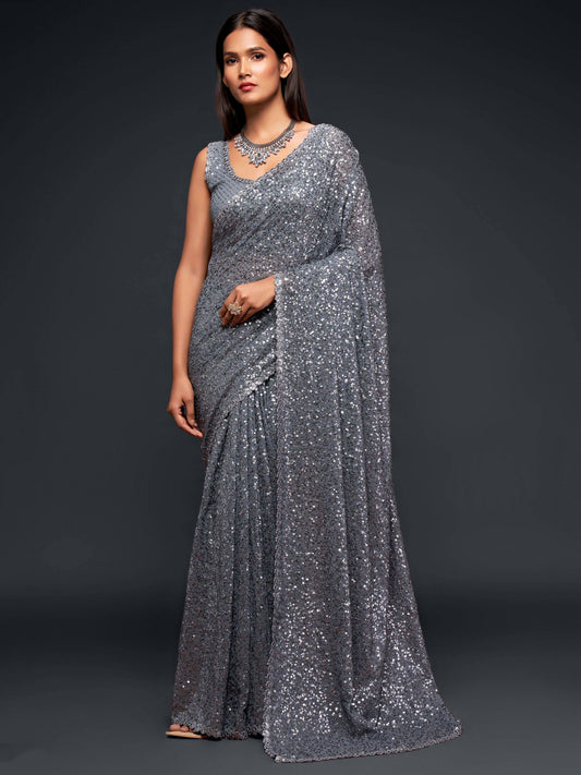 Tulsi Art Grey Fully Sequined Georgette Party Wear Saree