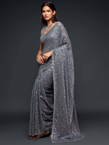 Tulsi Art Grey Fully Sequined Georgette Party Wear Saree