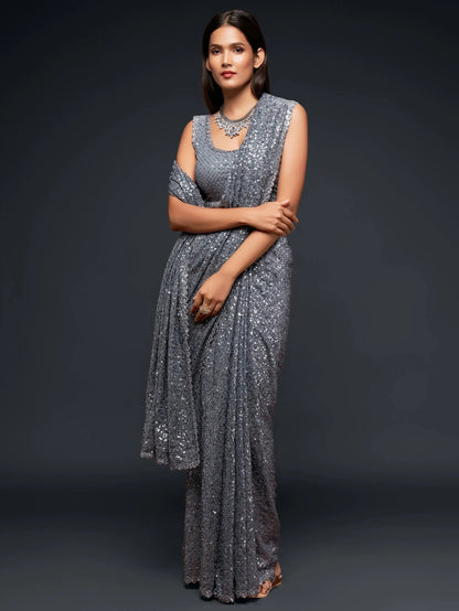 Tulsi Art Grey Fully Sequined Georgette Party Wear Saree