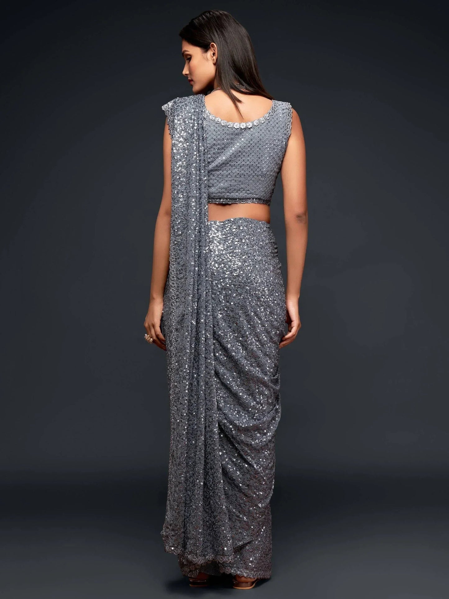 Tulsi Art Grey Fully Sequined Georgette Party Wear Saree
