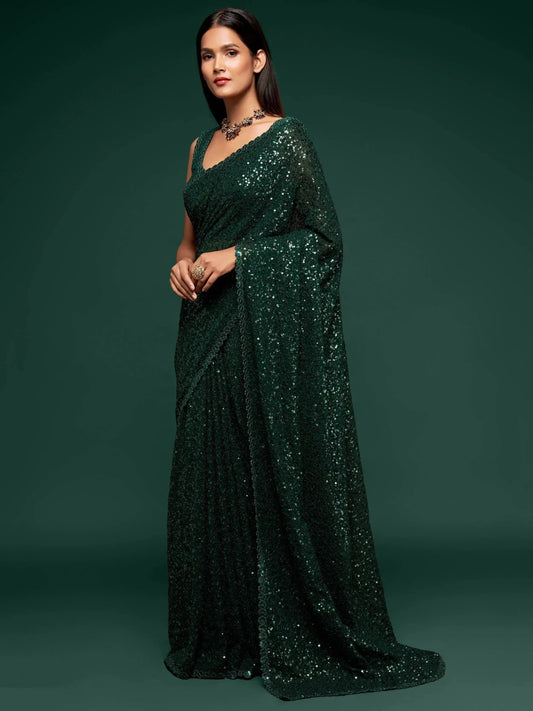 Tulsi Art Bottle Green Fully Sequined Georgette Party Wear Saree