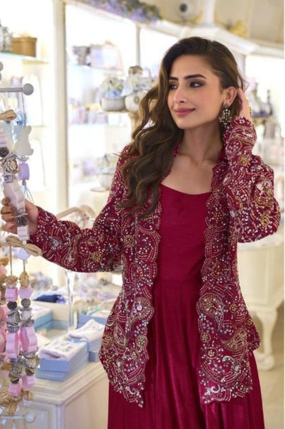 Anaita Maroon Silk Stitched Suit With Embroidery Work