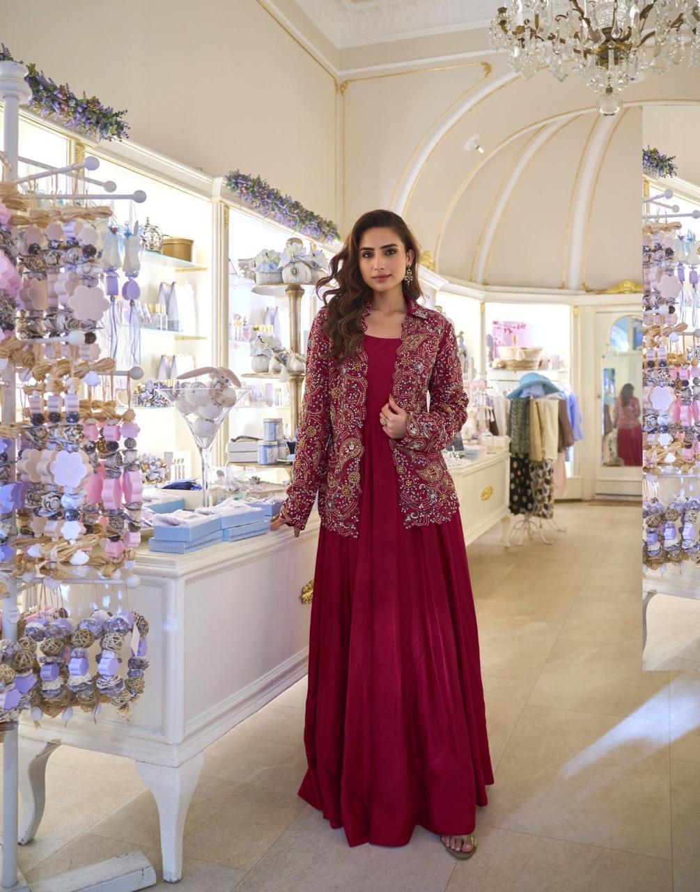 Anaita Maroon Silk Stitched Suit With Embroidery Work