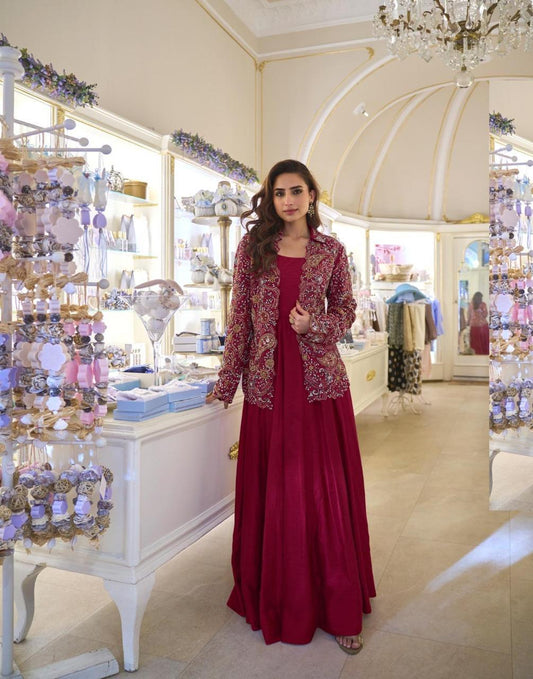 Anaita Maroon Silk Stitched Suit With Embroidery Work