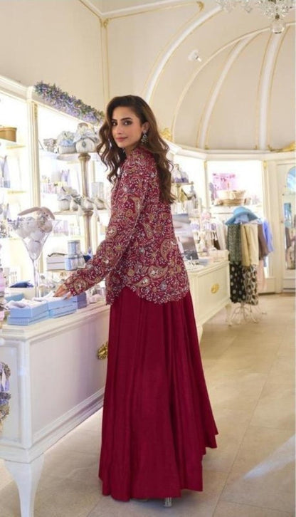 Anaita Maroon Silk Stitched Suit With Embroidery Work