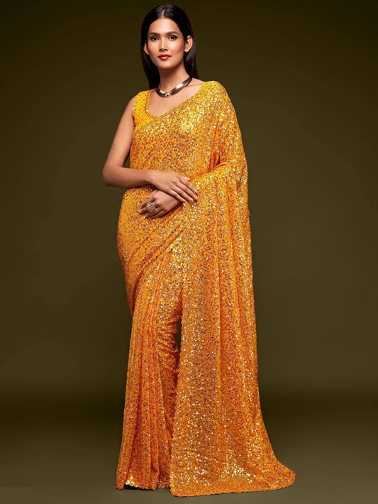 Tulsi Art Yellow Fully Sequined Georgette Party Wear Saree