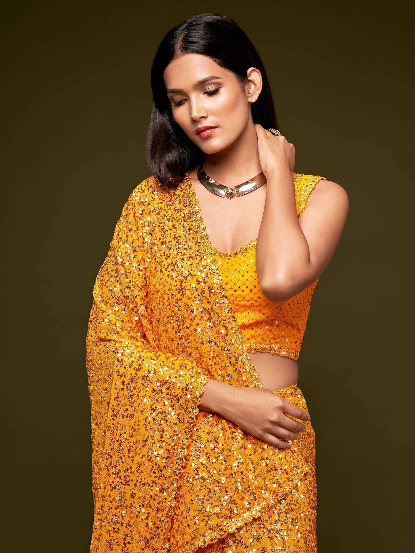 Tulsi Art Yellow Fully Sequined Georgette Party Wear Saree