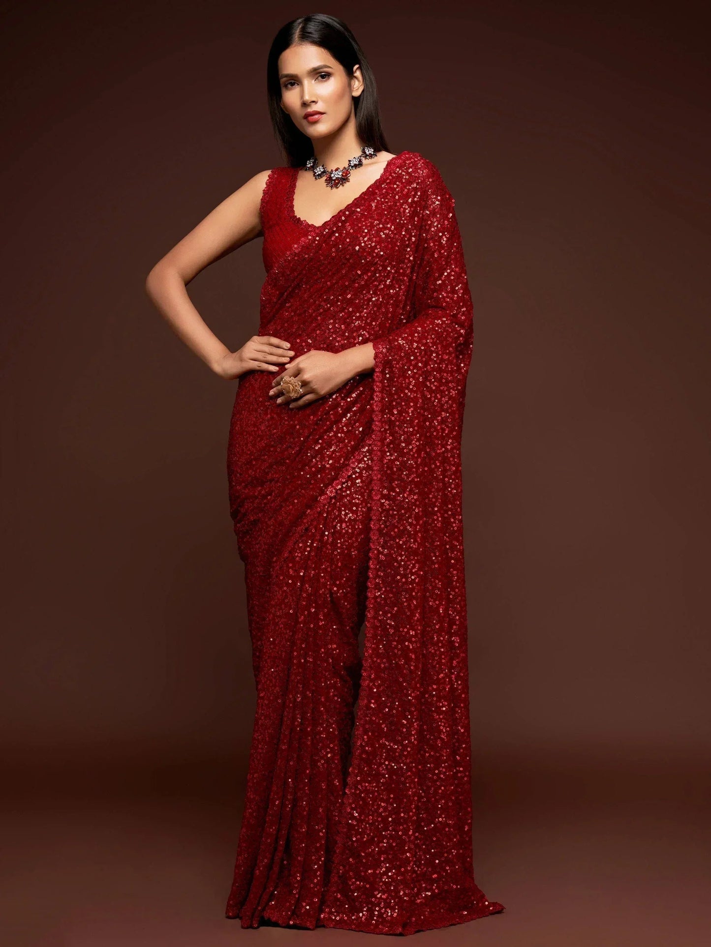 Tulsi Art Ruby Red Fully Sequined Georgette Party Wear Saree