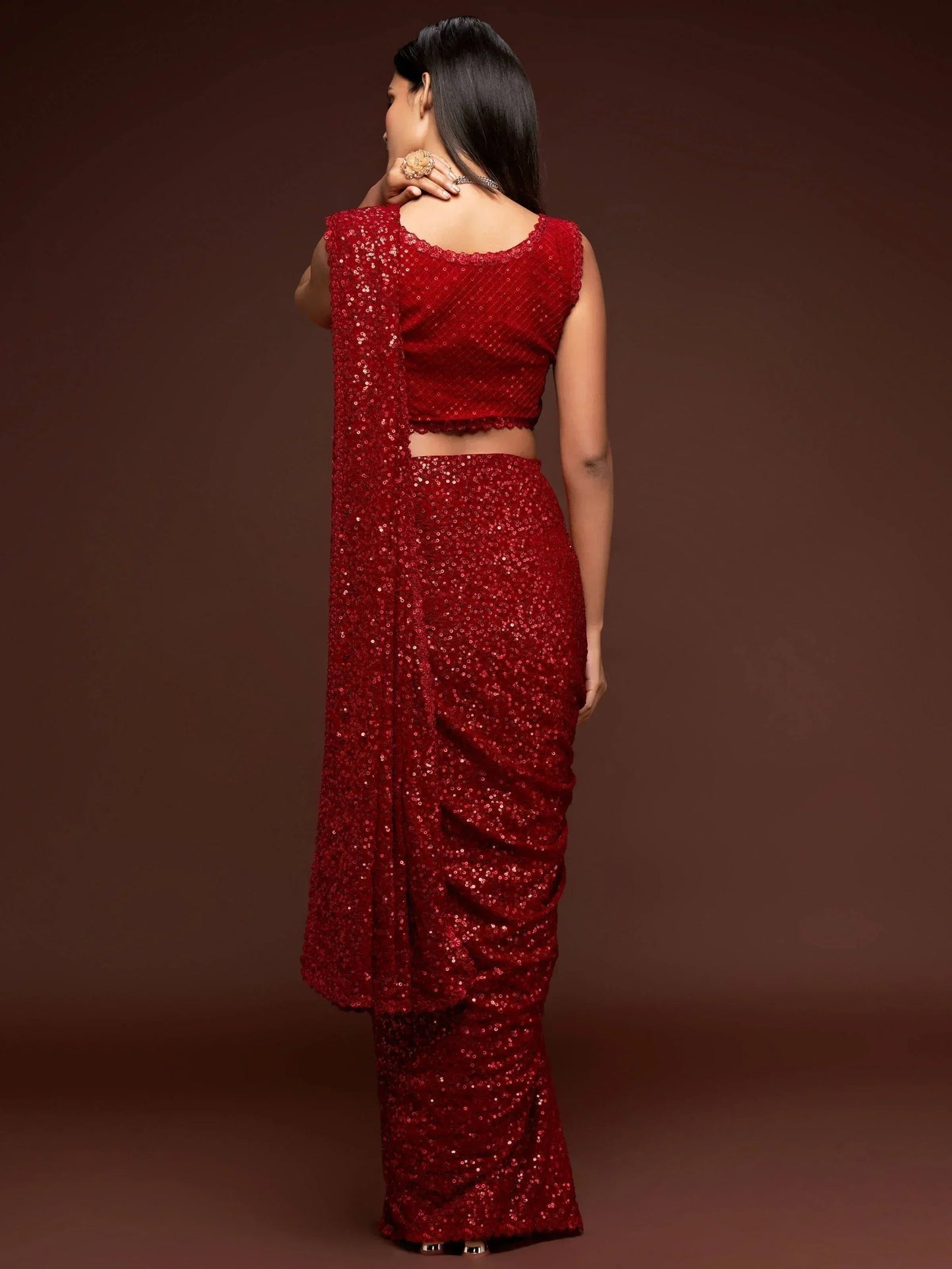 Tulsi Art Ruby Red Fully Sequined Georgette Party Wear Saree