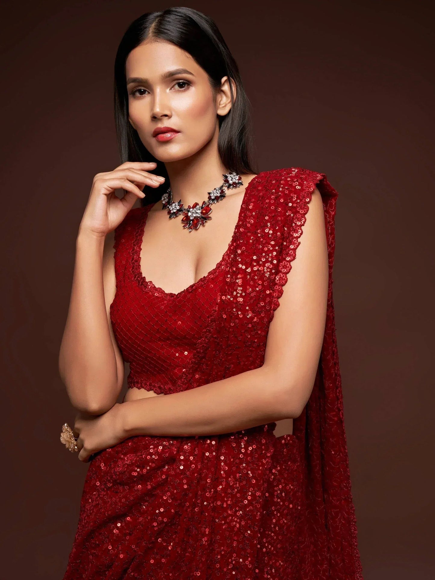 Tulsi Art Ruby Red Fully Sequined Georgette Party Wear Saree