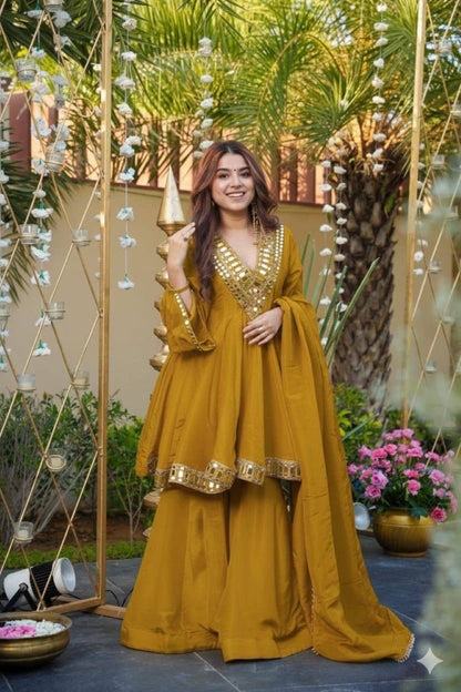 Anaita Mustard Silk Readymade Suit with Real Mirror Work