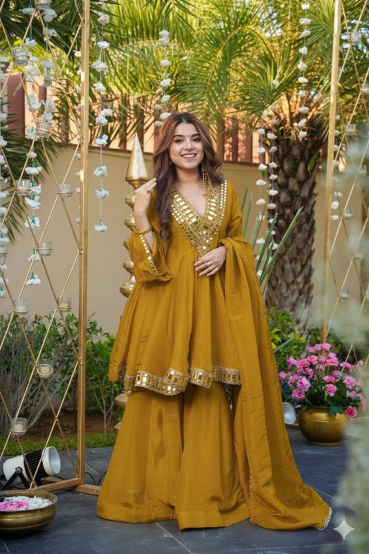 Anaita Mustard Silk Readymade Suit with Real Mirror Work