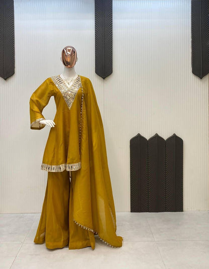 Anaita Mustard Silk Readymade Suit with Real Mirror Work