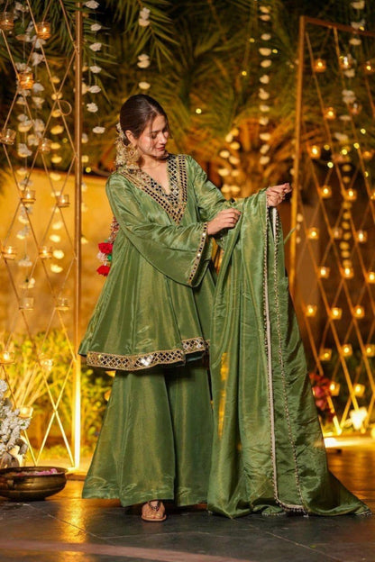 Anaita Green Silk Readymade Suit with Real Mirror Work
