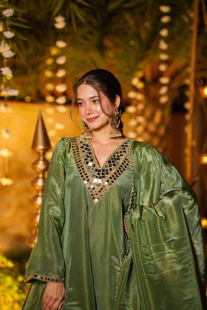 Anaita Green Silk Readymade Suit with Real Mirror Work