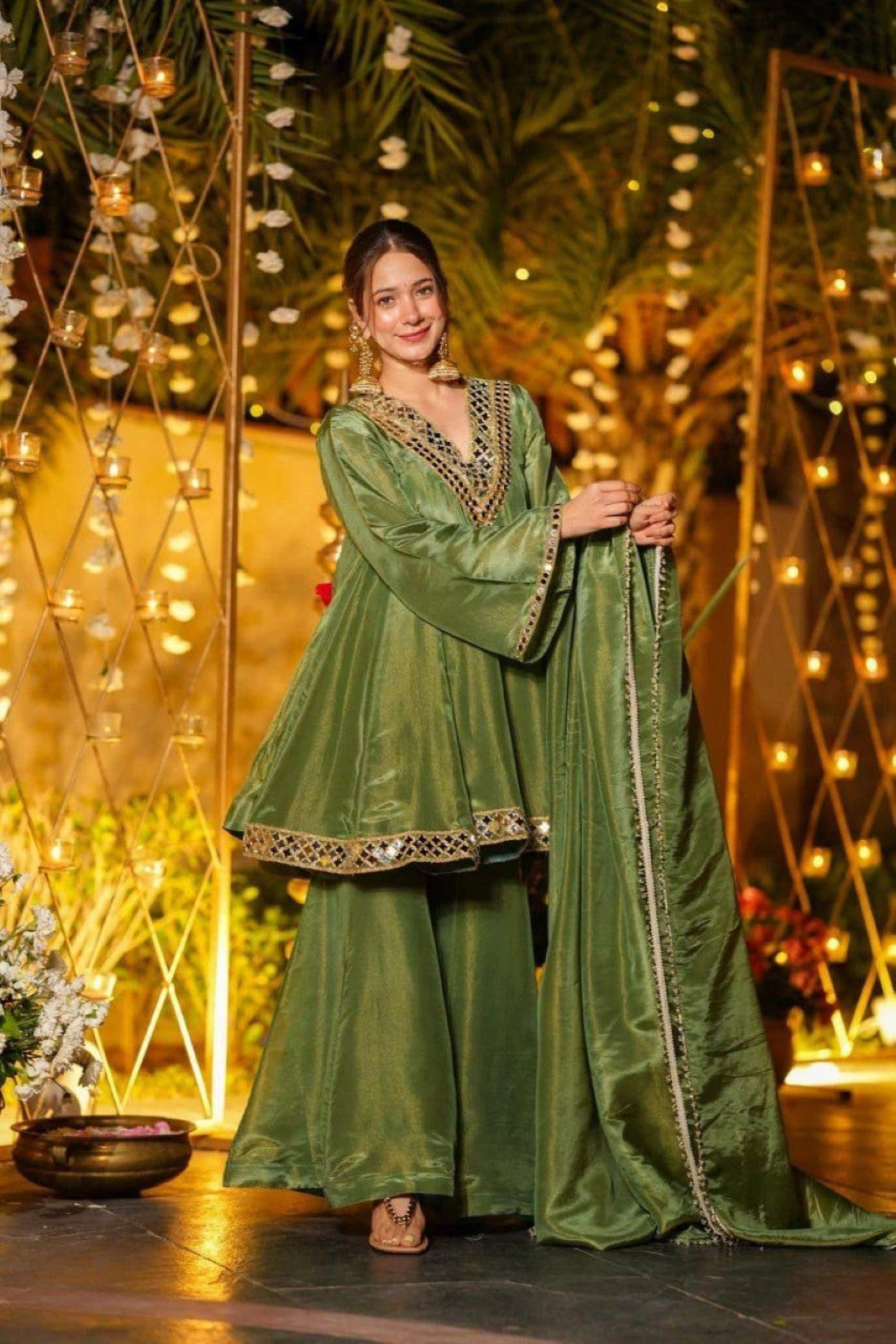 Anaita Green Silk Readymade Suit with Real Mirror Work