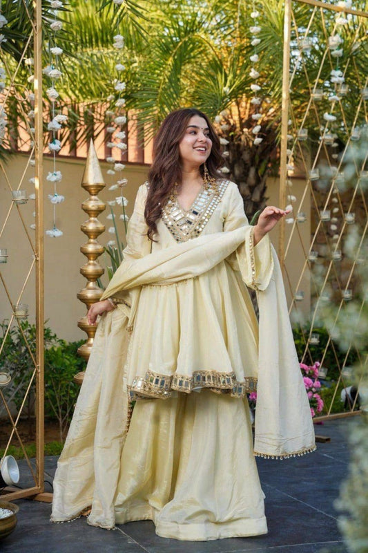 Anaita White Silk Readymade Suit with Real Mirror Work