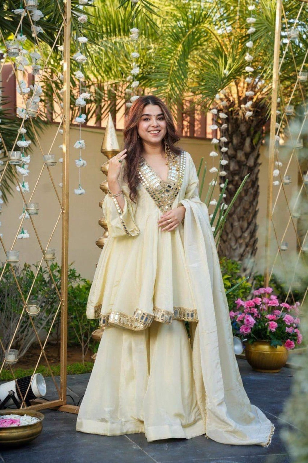 Anaita White Silk Readymade Suit with Real Mirror Work