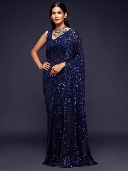Tulsi Art Navy Blue Fully Sequined Georgette Party Wear Saree
