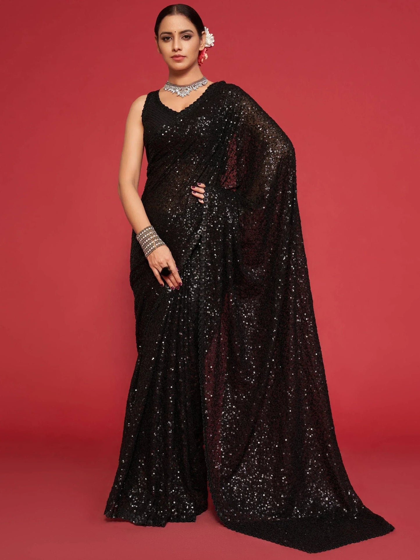 Tulsi Art Black Fully Sequined Georgette Party Wear Saree